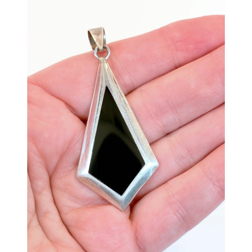 Vintage Pendant, Black Onyx, Sterling Silver, Contemporary, Minimalist